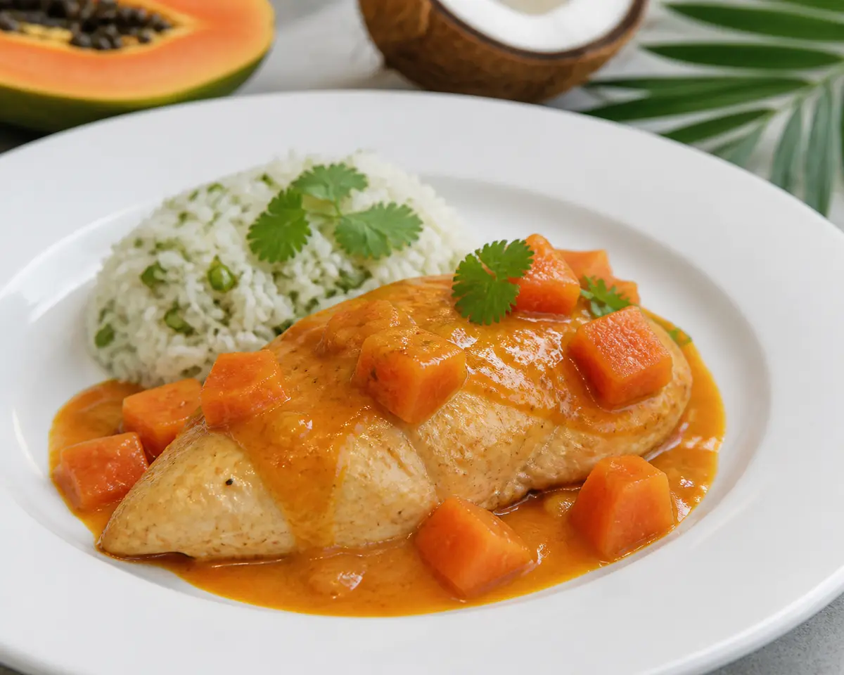 Pechugas de Pollo Caribeñas en Salsa de Papaya Especiada con Arroz de Coco Verde