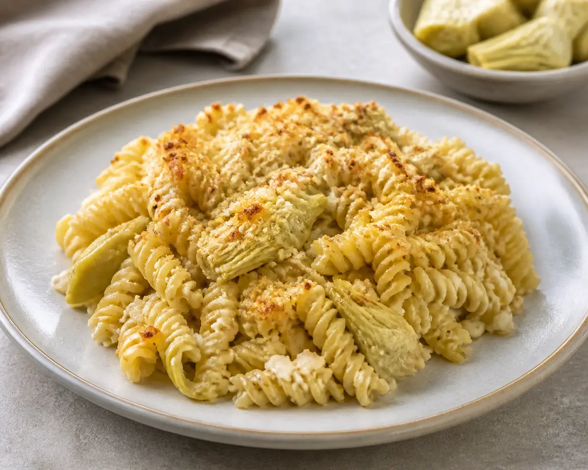 Baked Fusilli with Artichoke Lemon Cream and Parmesan Crust