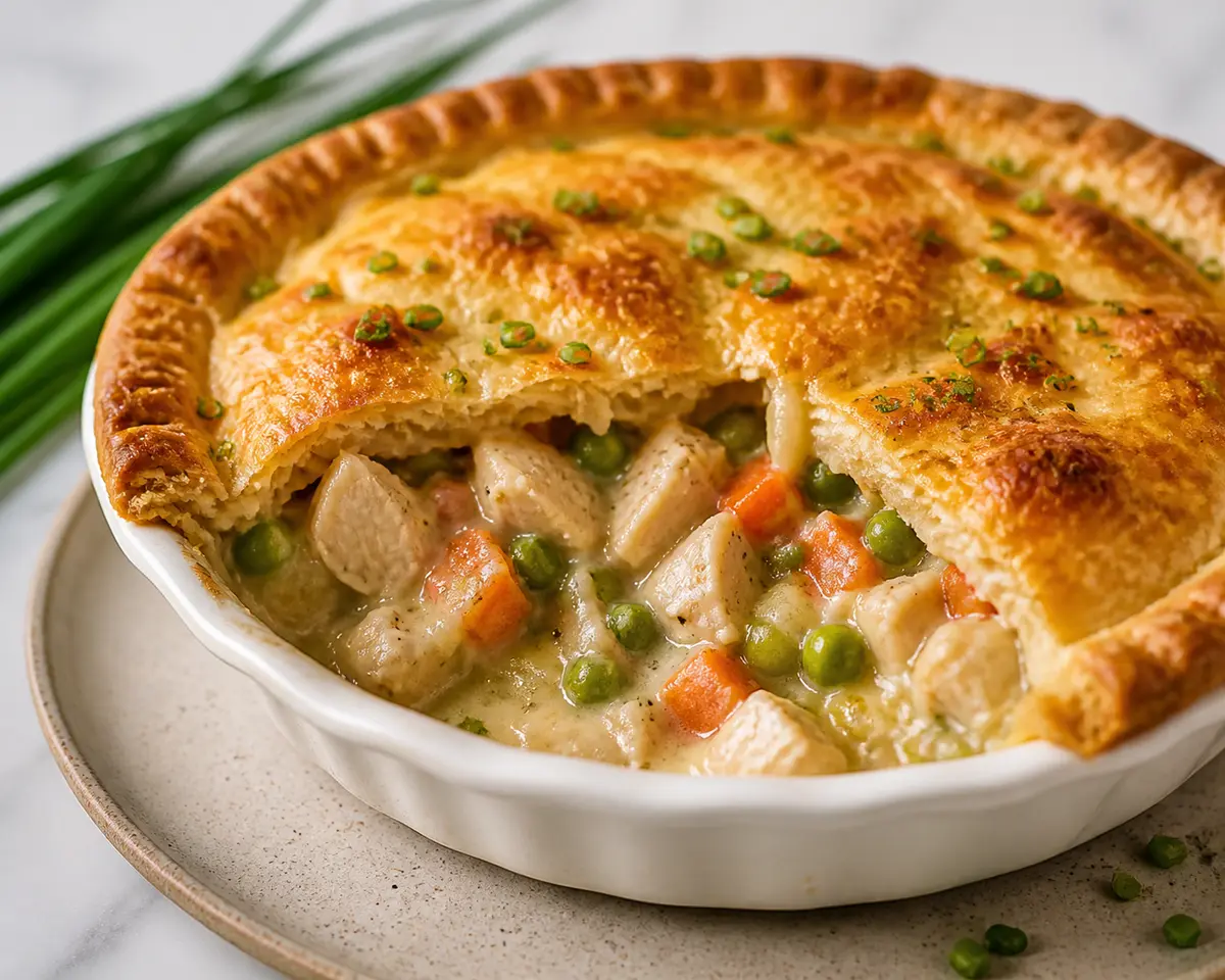 Pastel de pollo ahumado con costra de cheddar y cebollín
