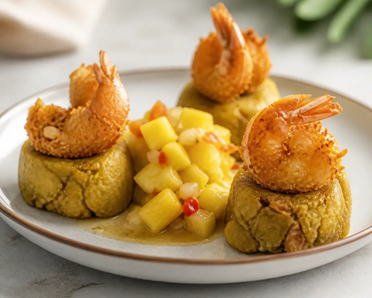 Mofonguitos de Plátano Verde con Camarones al Coco y Sofrito de Piña