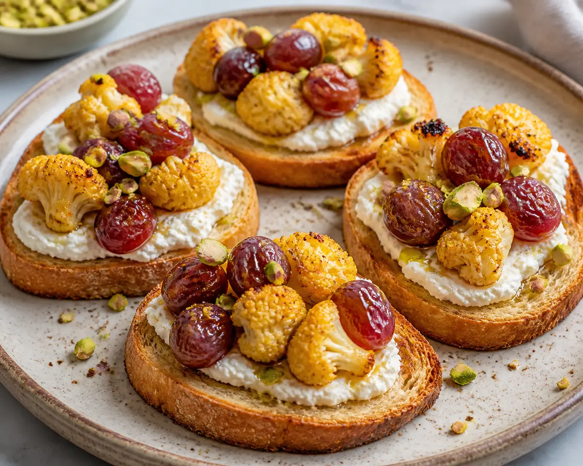 Golden Cauliflower Toasts with Whipped Feta, Roasted Grapes, and Pistachio