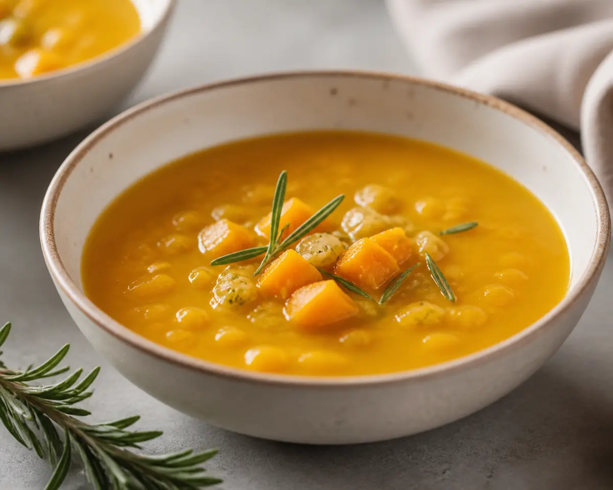 Roasted Pumpkin, Green Apple and Rosemary Soup with Red Lentils