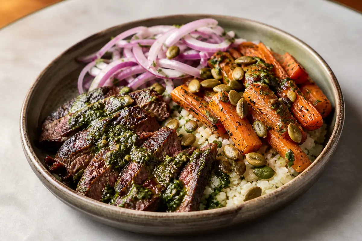Bowl de Ternera al Chimichurri Suave con Arroz de Coliflor, Zanahorias Asadas y Pepitas de Calabaza