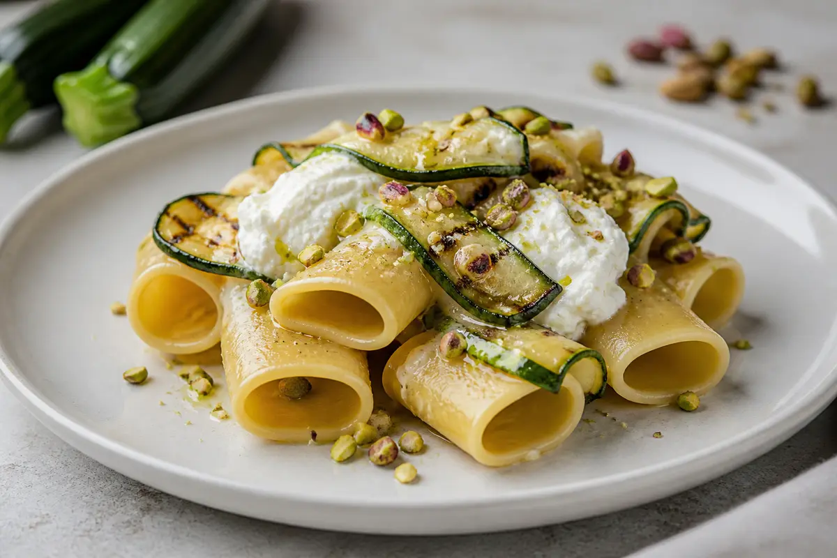 Paccheri with charred zucchini, whipped lemon ricotta and crunchy pistachio