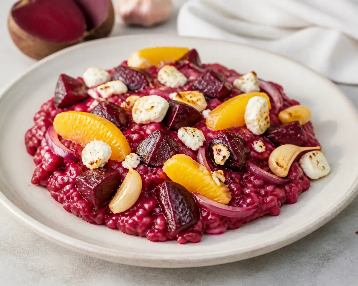 Creamy beet roasted rice with orange and crispy feta