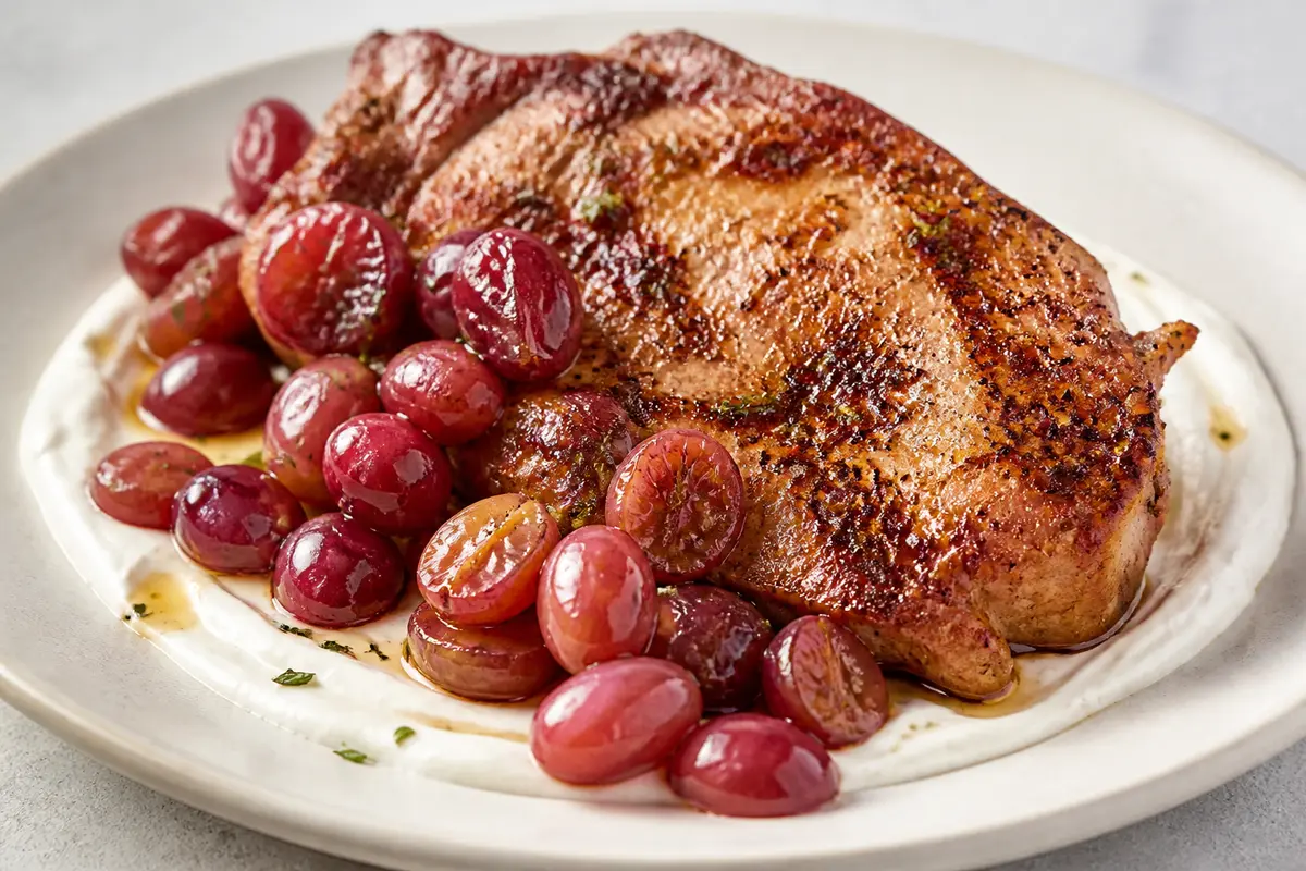 Presa de Cerdo al Pimentón Ahumado con Uvas Salteadas y Crema de Ajo Asado