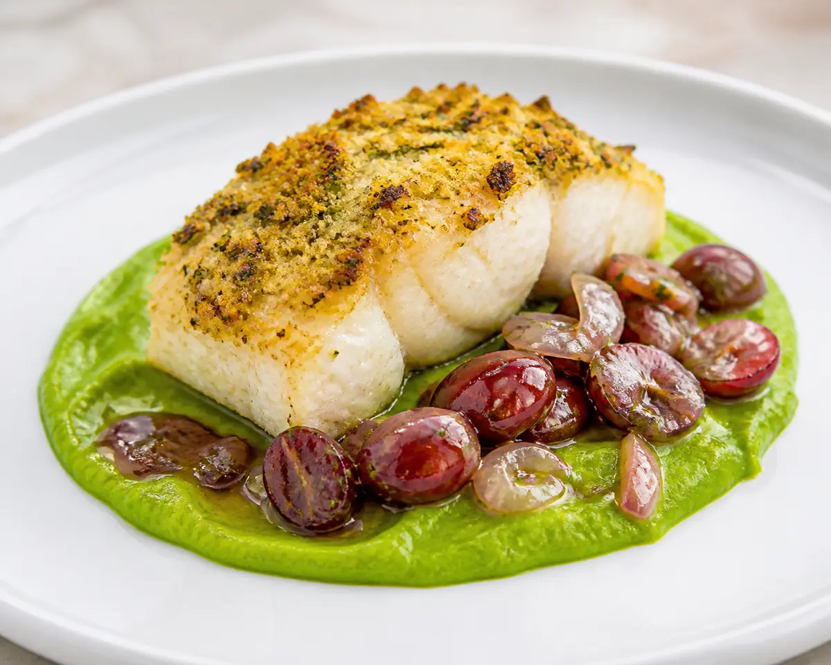 Halibut Dorado con Costra de Hierbas, Puré Sedoso de Chícharos y Vinagreta Tibia de Uvas y Chalota