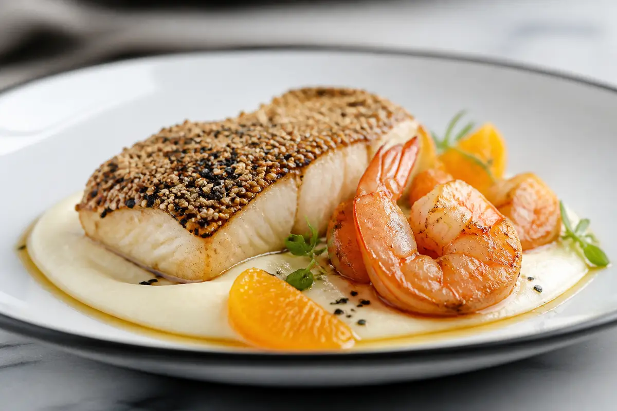 Bacalao Negro con Costra de Sésamo, Camarones Cítricos y Puré de Chirivía