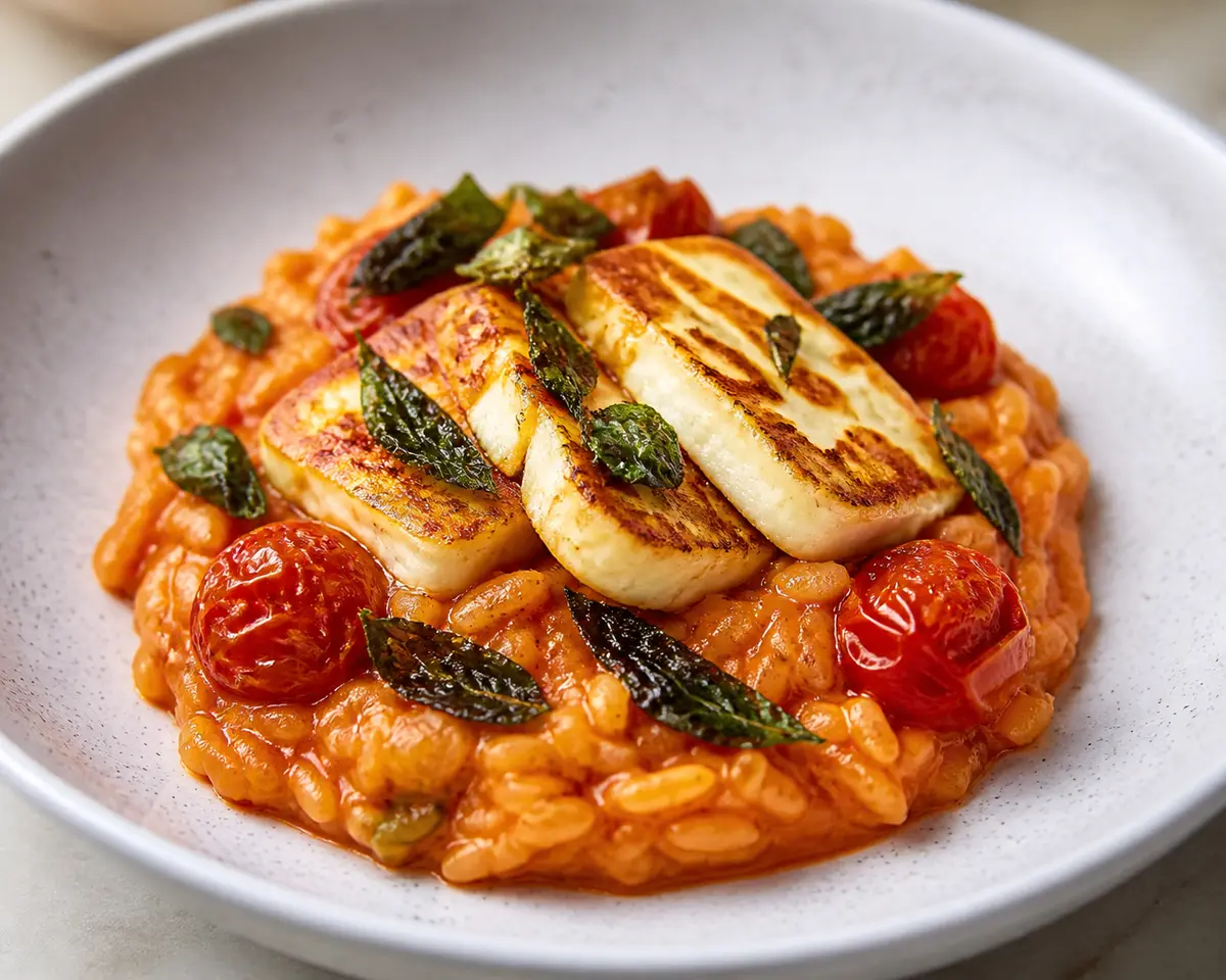 Arroz Cremoso de Tomate Asado con Halloumi Dorado y Albahaca Crujiente