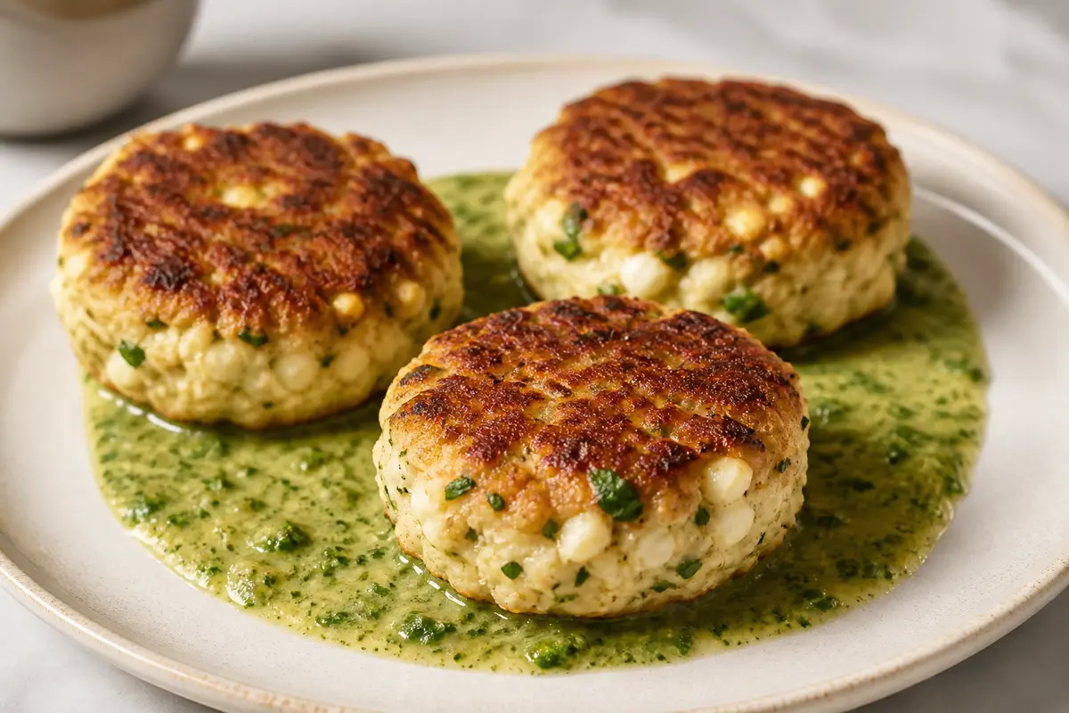 Medallones de Pollo y Requesón con Costra de Garbanzo y Salsa Tibia de Hierbas