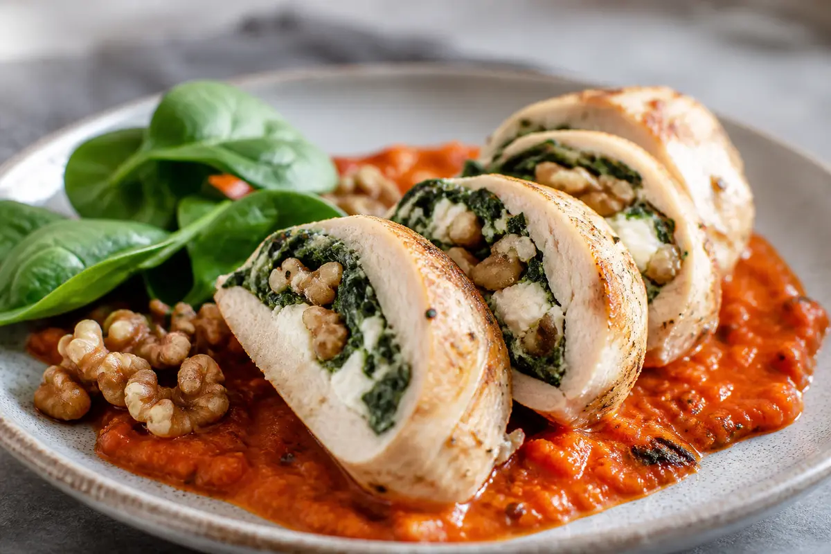 Pechuga de Pollo Rellena de Espinaca, Queso de Cabra y Nueces con Salsa Tibia de Pimiento Asado