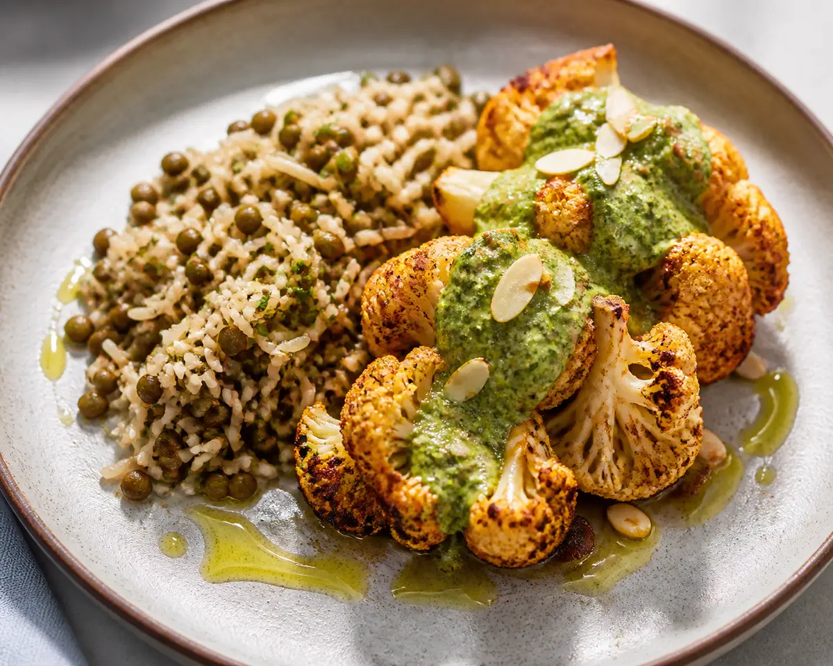 Spiced Cauliflower with Lentil Rice and Almond Lemon Green Sauce
