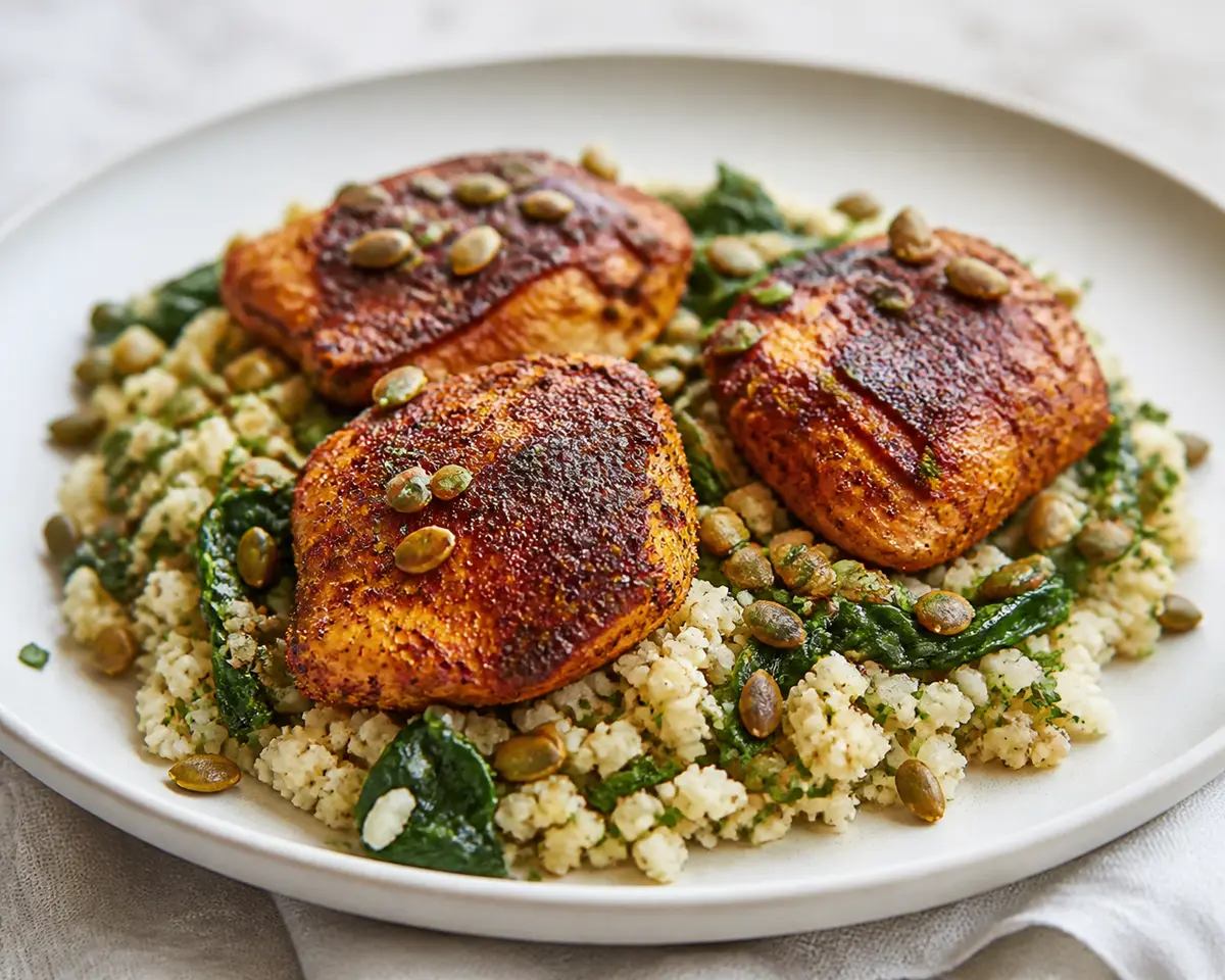 Muslos de Pollo al Pimentón Ahumado con Arroz de Coliflor Verde y Pepitas Crujientes