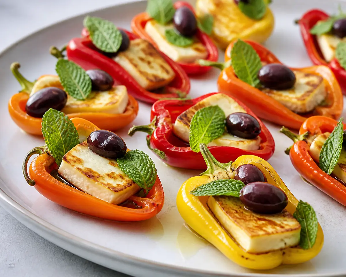 Quick Bell Pepper Bites with Seared Halloumi, Olives, and Mint
