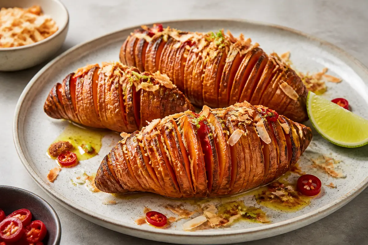 Batatas Hasselback en Air Fryer con Mantequilla de Lima, Coco Tostado y Chile Crujiente