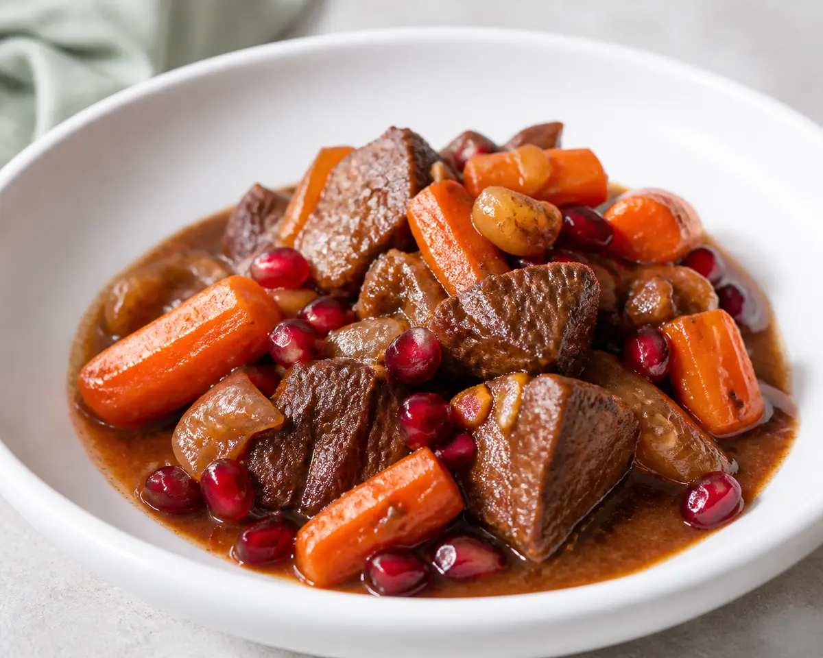 Ternera melosa en slow cooker con granada, canela y zanahorias glaseadas