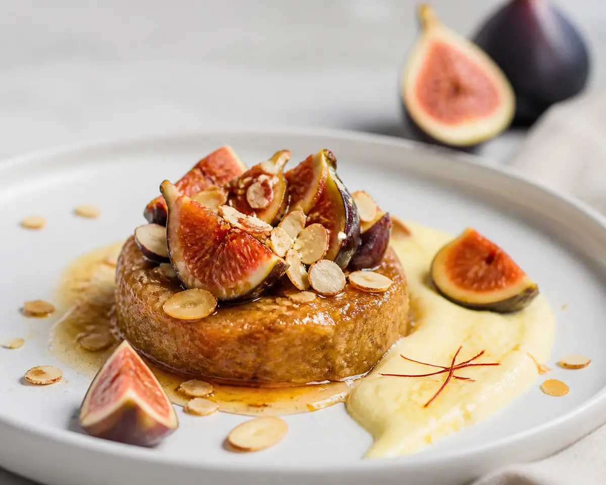 Timbal Tibio de Higos, Almendra y Crema de Azafrán