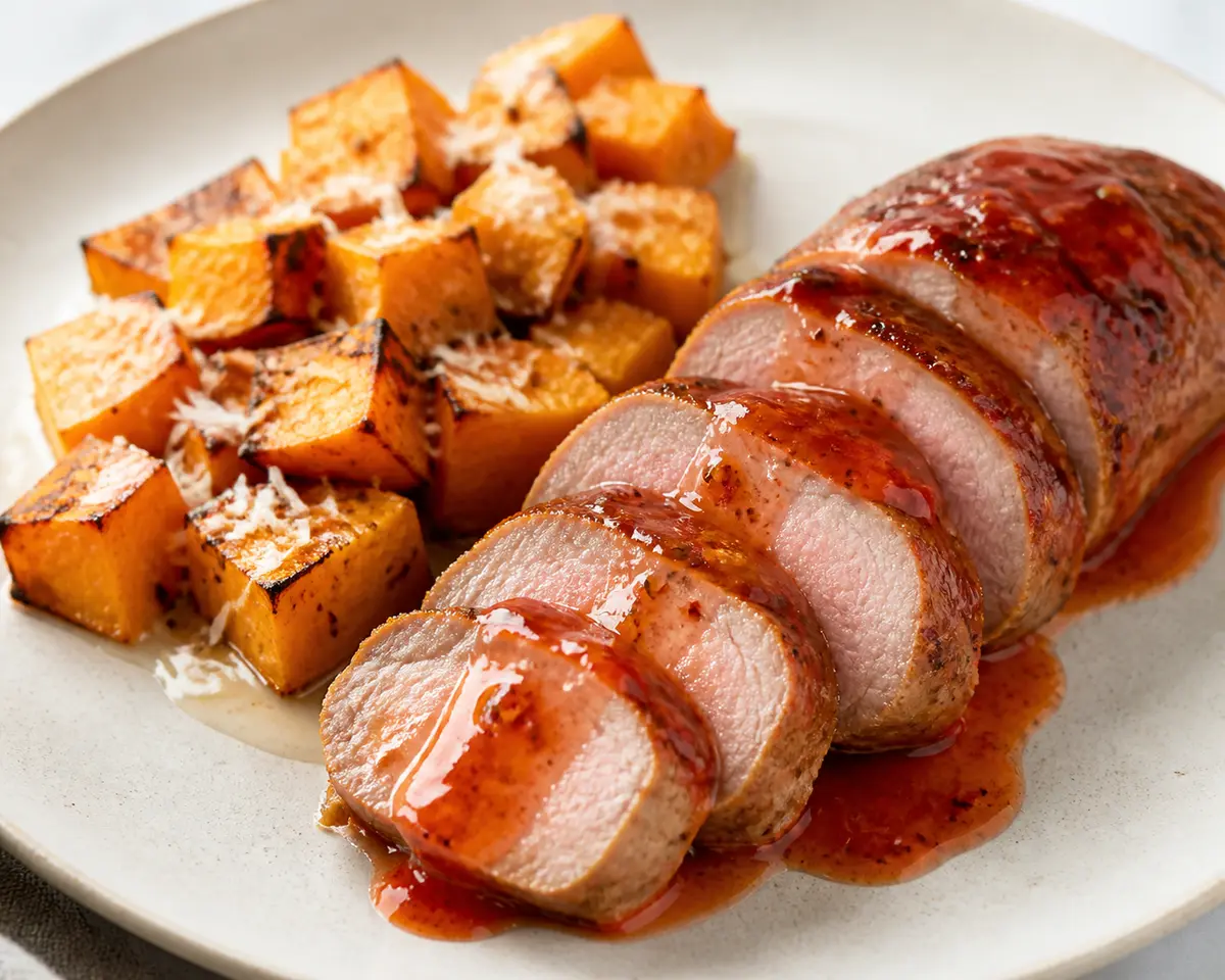 Lomo de Cerdo Caribeño con Glaseado de Guayaba Picante y Boniato Asado al Coco