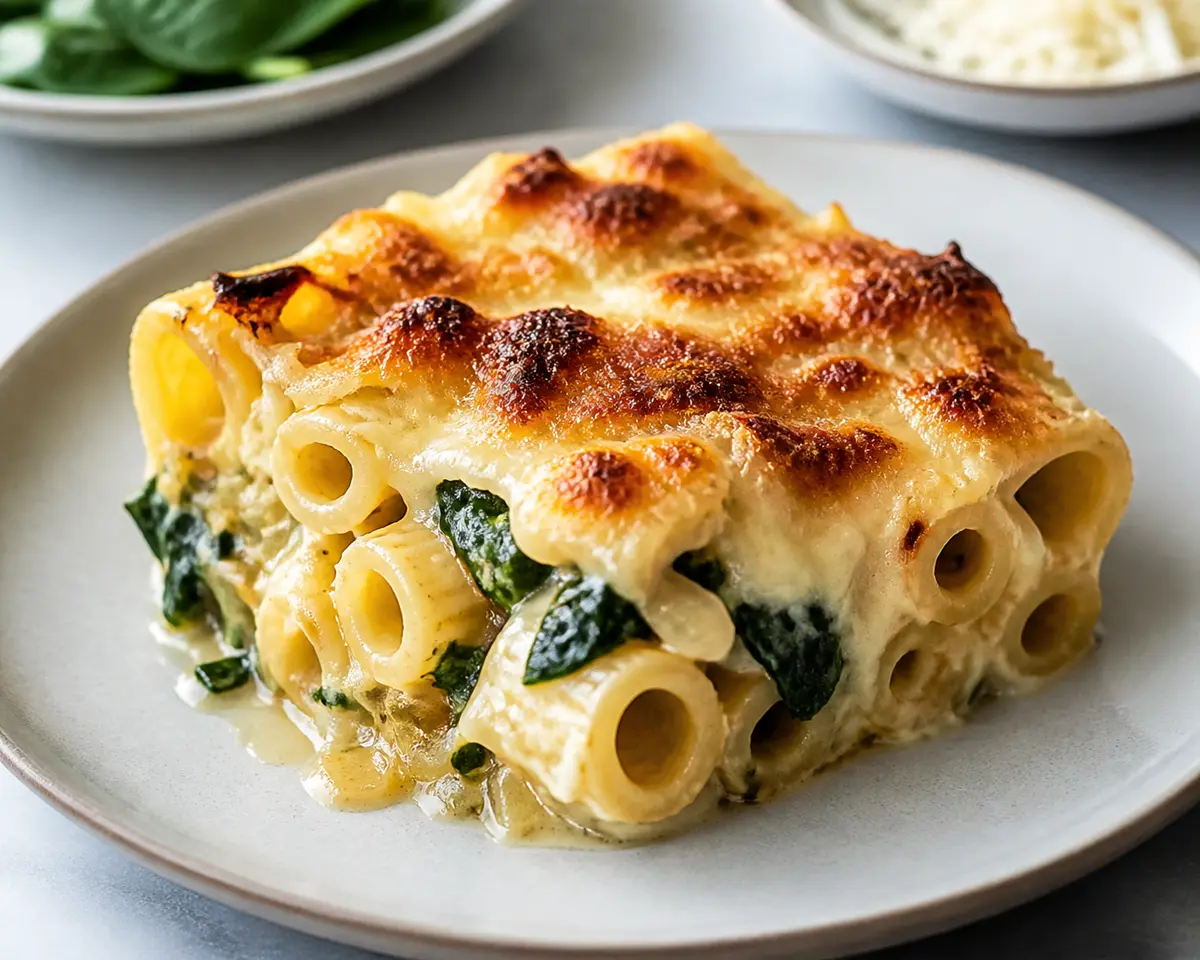 Rigatoni al horno con crema de cebolla caramelizada, espinaca y costra de provolone