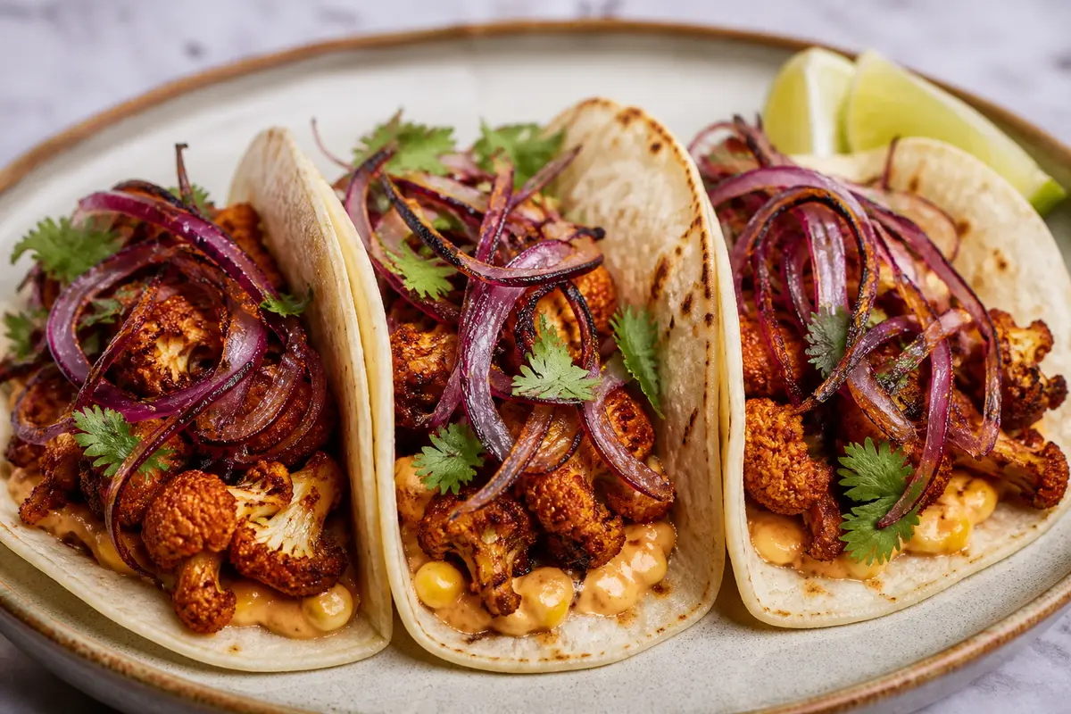 Tacos de Coliflor al Chile Ancho con Crema de Elote Tostado y Cebolla Morada Crujiente