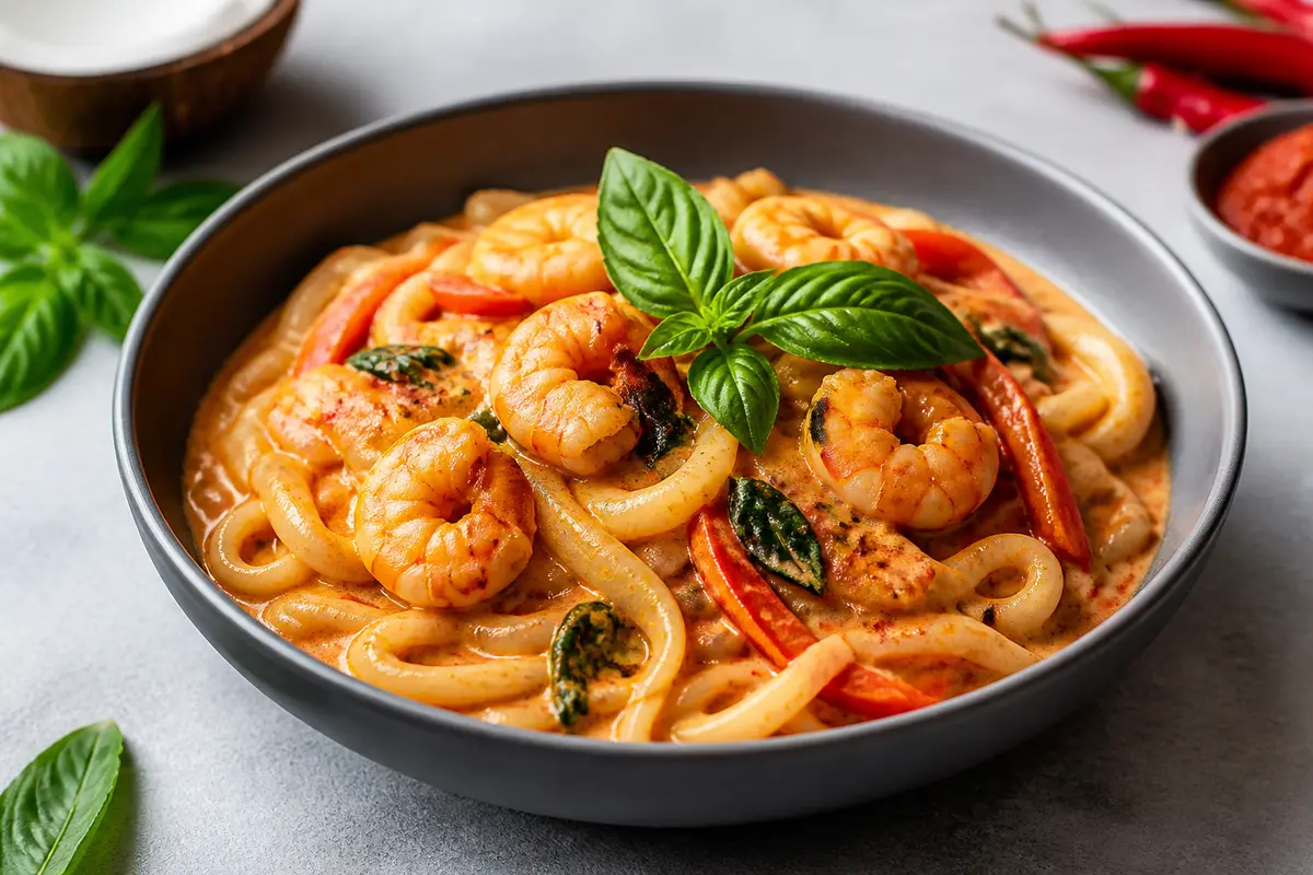 Fideos Udon al Curry Rojo Suave con Langostinos, Coco y Albahaca Tailandesa