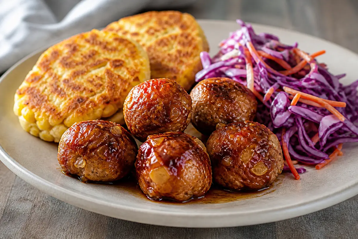 Albóndigas de pavo al arce y chipotle con pastelitos dorados de maíz y ensalada de col morada