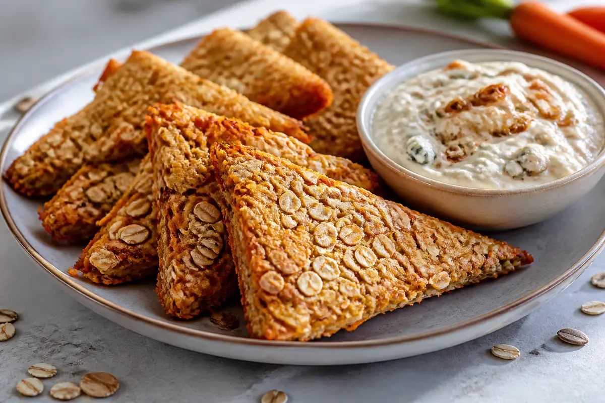 Triángulos Crujientes de Avena y Zanahoria con Dip Tibio de Queso Azul y Cebolla