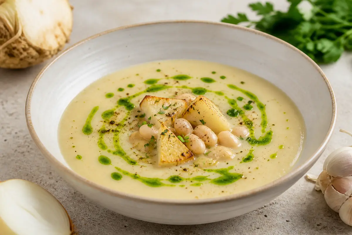 Roasted Celeriac, White Bean and Lemon Soup with Parsley Oil