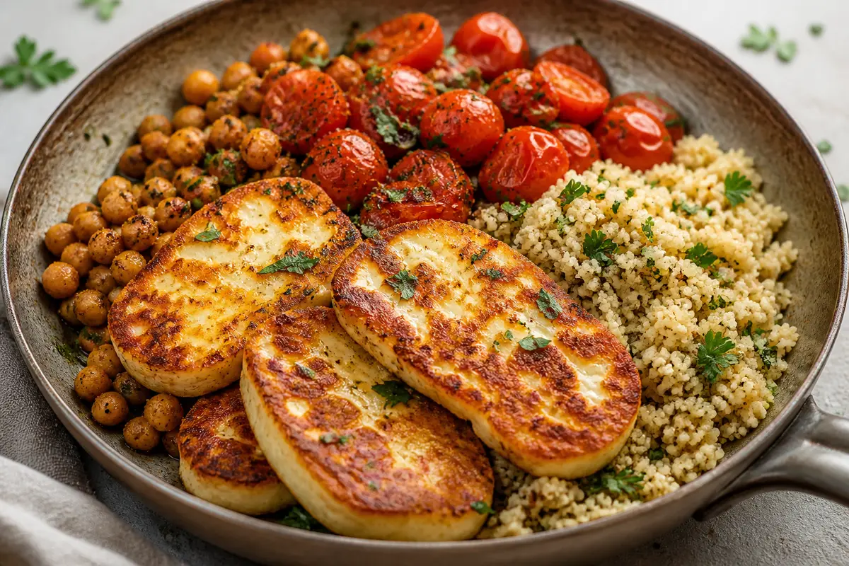 Sartén de Halloumi Dorado con Tomates Reventados, Garbanzos al Comino y Cuscús de Hierbas