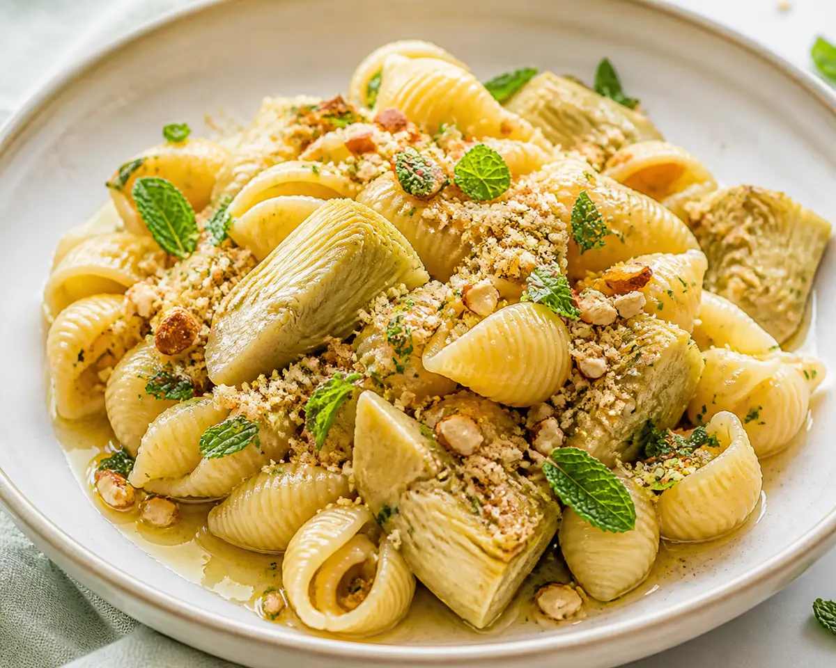 Conchiglie de alcachofa dorada, mantequilla de limón, menta y pangrattato de almendra