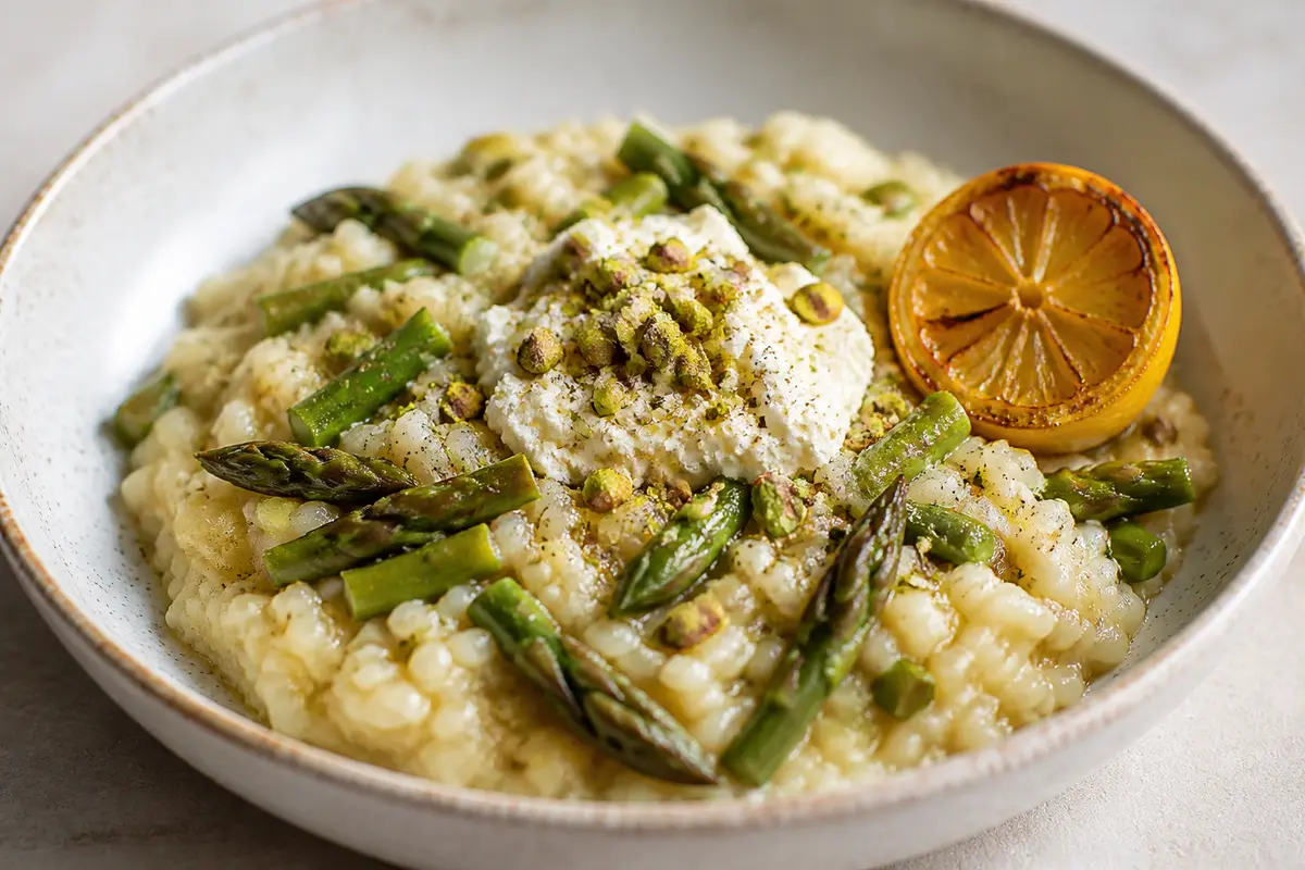 Creamy Rice with Asparagus, Roasted Lemon and Pistachio Ricotta