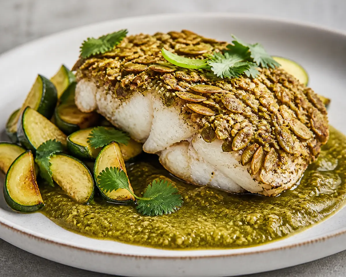 White Fish with Pumpkin Seed Crust, Roasted Tomatillo Sauce and Sautéed Zucchini