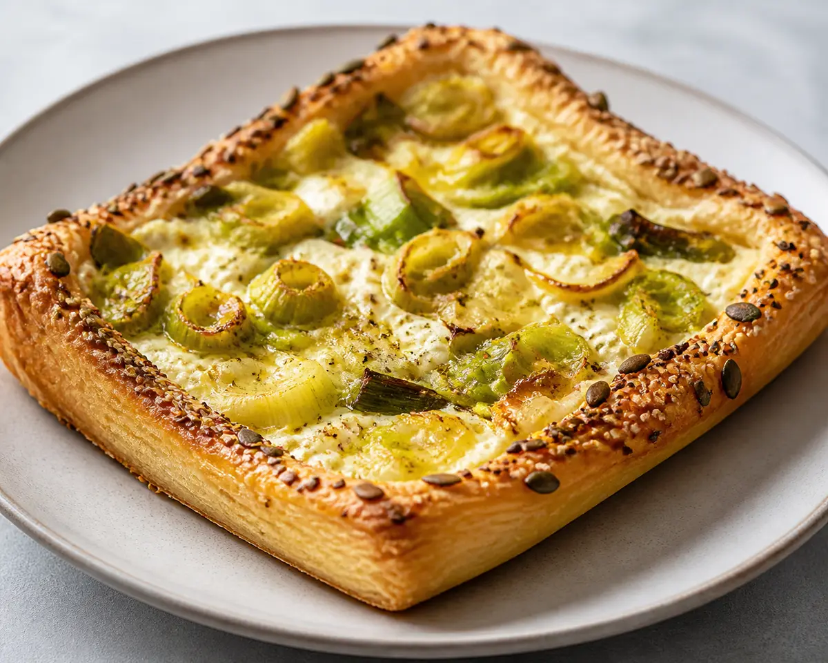 Pastel Hojaldrado de Puerros, Ricotta y Mostaza con Costra de Semillas