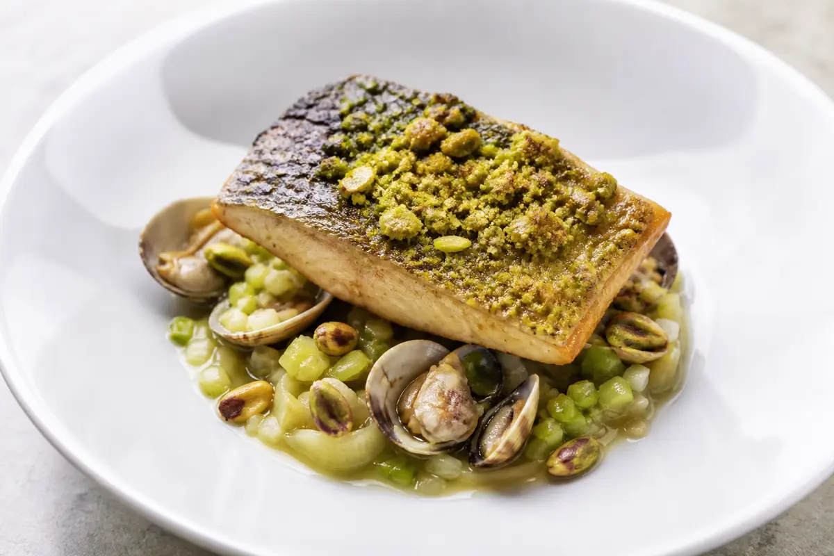 Pistachio-Crusted Sea Trout with Warm Clam, Leek and Green Apple Ragout