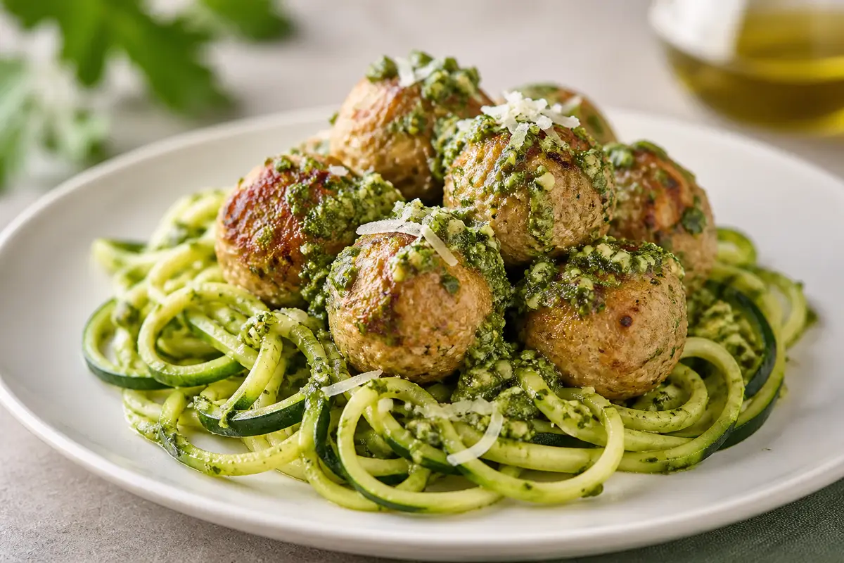 Albóndigas de Pavo al Pesto de Perejil y Almendra con Tallarines de Calabacín