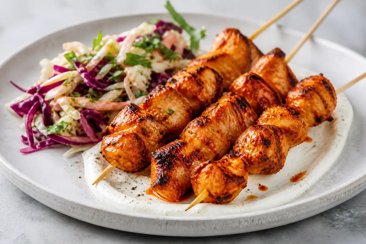 Brochetas de Pavo al Pimentón con Crema de Frijol Blanco y Ensalada Crujiente de Col