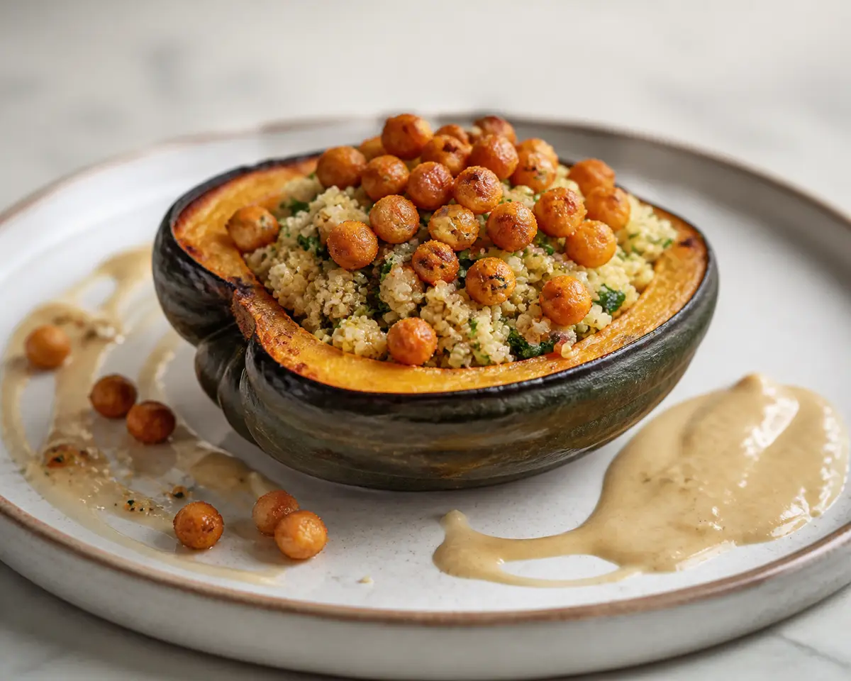 Calabaza bellota asada con pilaf de quinoa a las hierbas, garbanzos crocantes y salsa cremosa de tahini y manzana