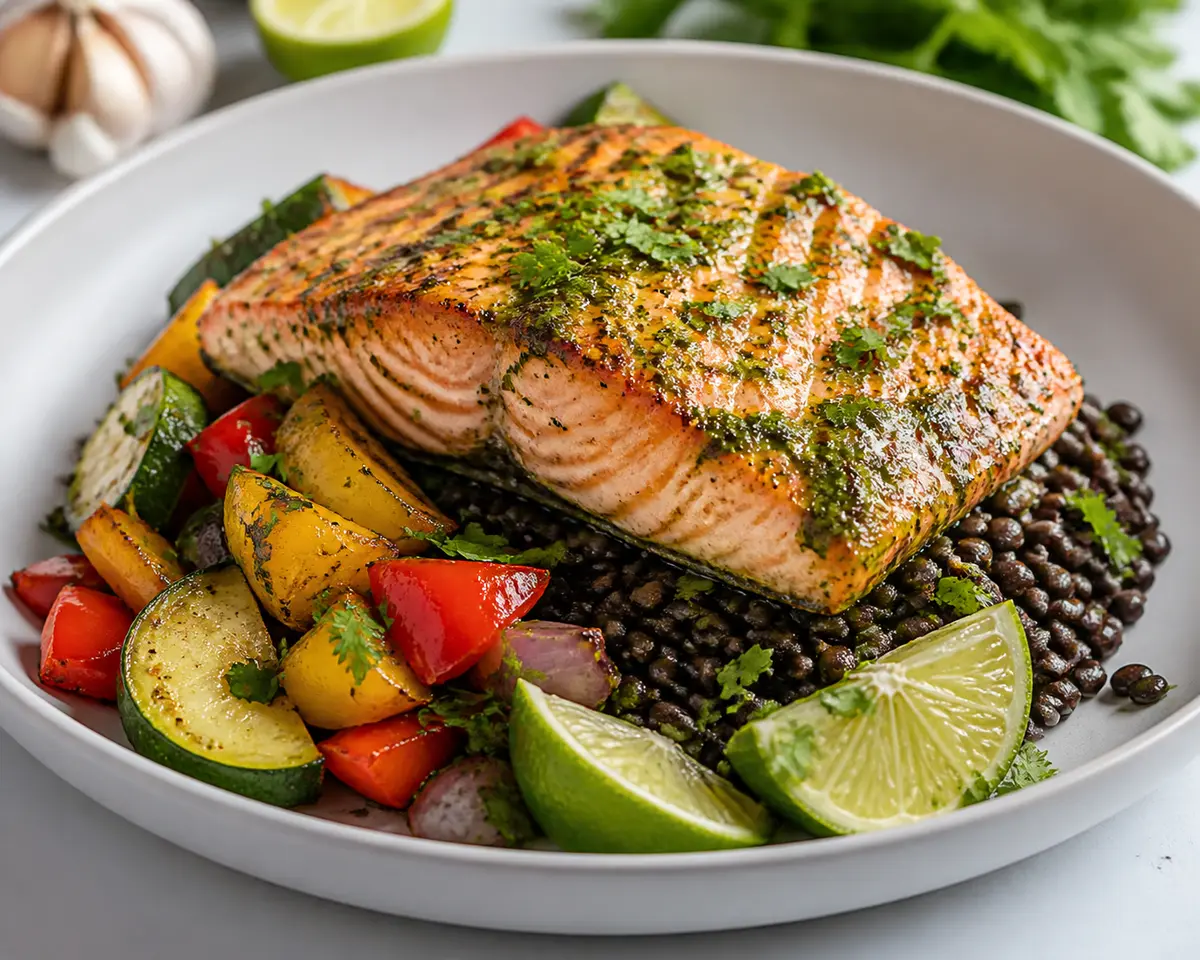 Salmón al Cilantro y Lima con Cama de Lentejas Negras y Verduras Asadas