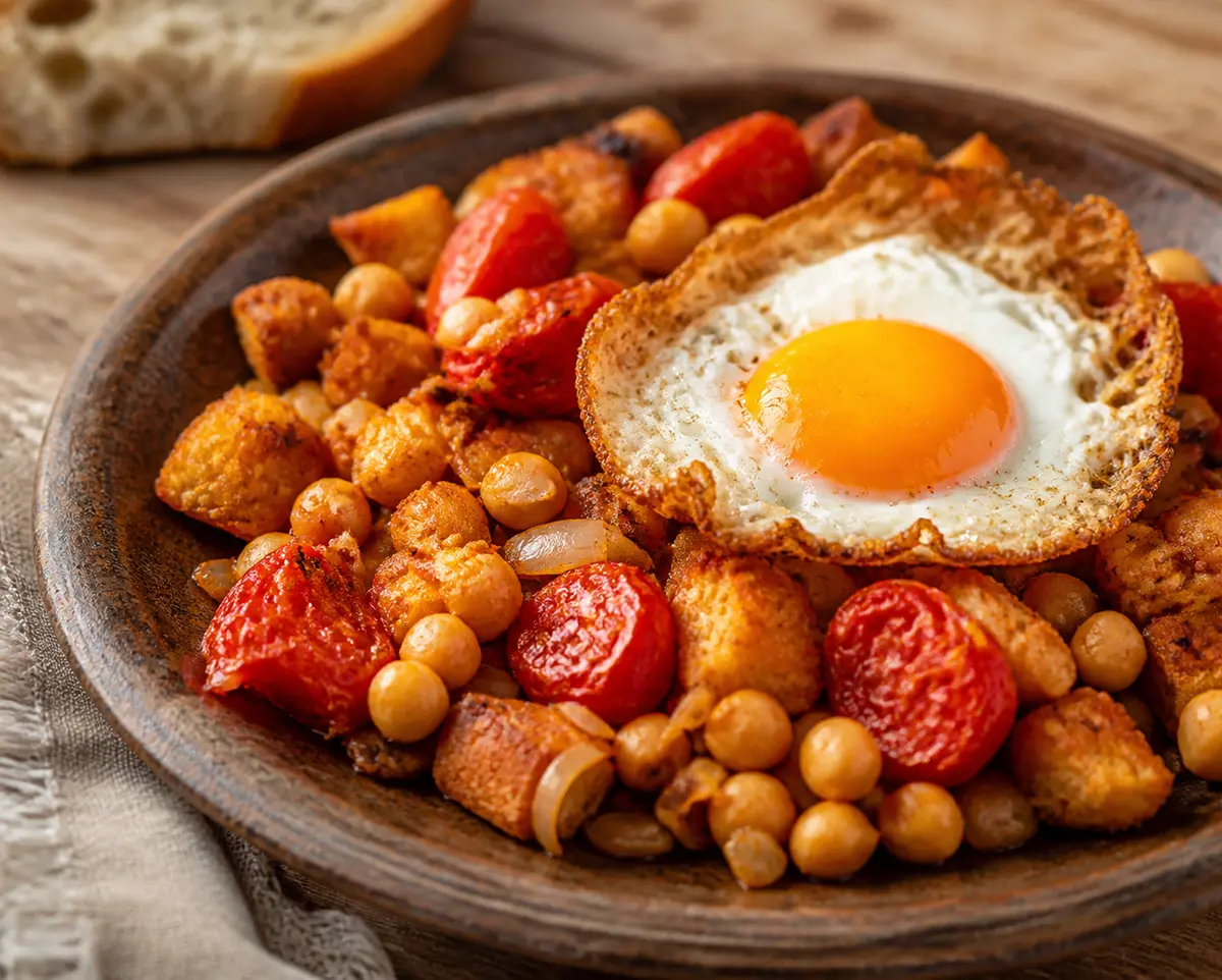Chickpea and Bread Skillet Crumbs with Roasted Tomato and Crispy Egg