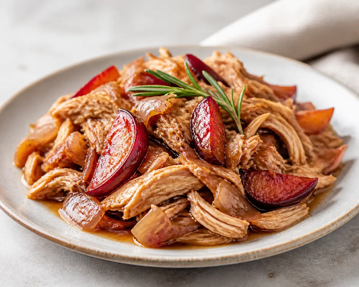 Pollo deshilachado en slow cooker con ciruelas, balsámico y romero