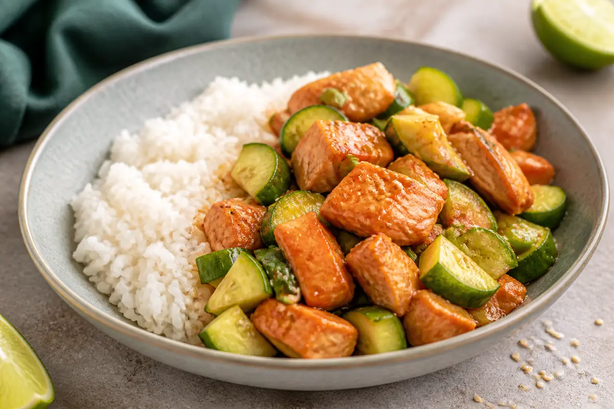 Express Salmon Stir-Fry with Jasmine Rice, Sweet-Tangy Cucumber and Lime Sesame