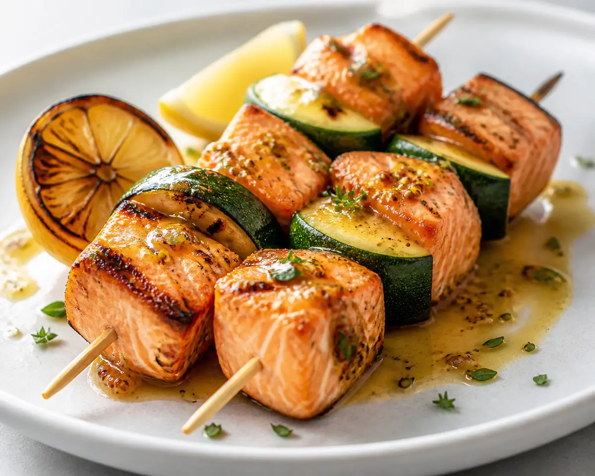 Pinchos de salmón a la parrilla con calabacín, glaseado de arce y mostaza, y limón carbonizado