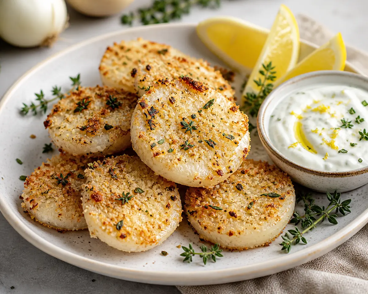 Air Fryer turnip coins with pecorino-thyme crust and lemon yogurt dip