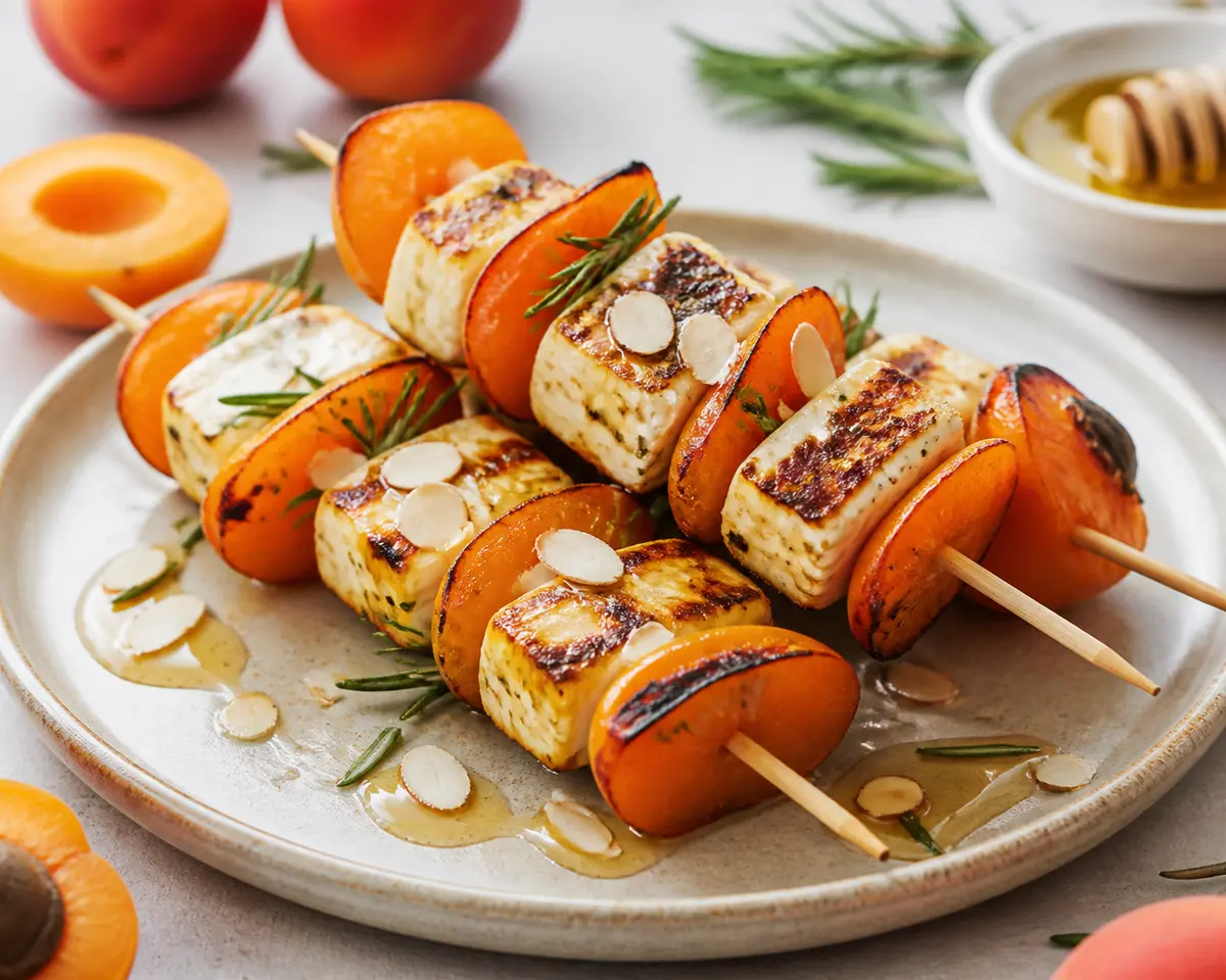Brochetas Tibias de Albaricoque Asado con Halloumi, Romero y Almendra