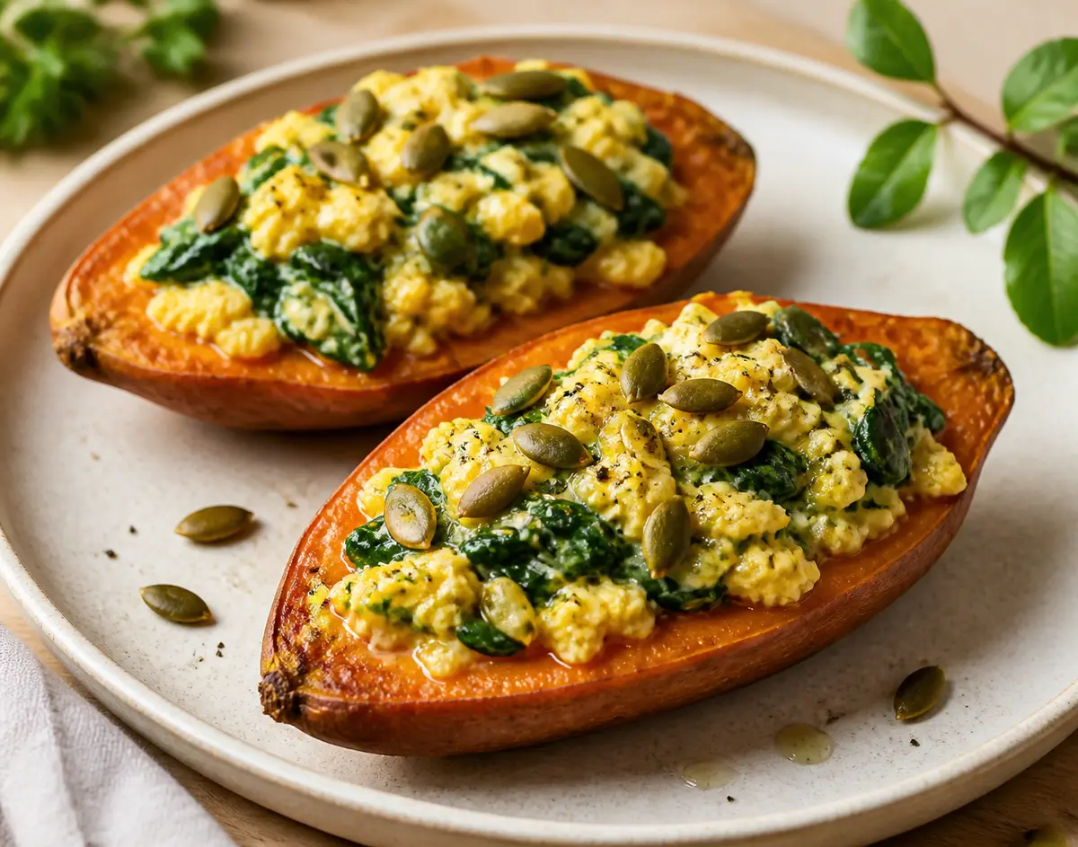 Barquitos de Batata con Huevo Cremoso, Espinaca al Limón y Pepitas Crujientes