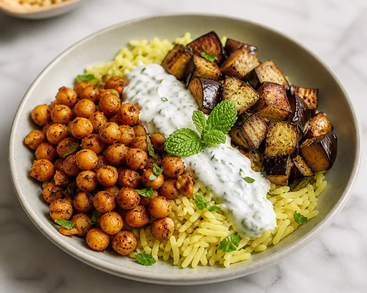 Bowl tibio de garbanzos crujientes con arroz de limón, berenjena asada y salsa de yogur con menta