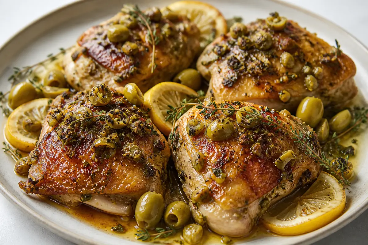 Pollo asado con costra de aceituna verde, limón y tomillo