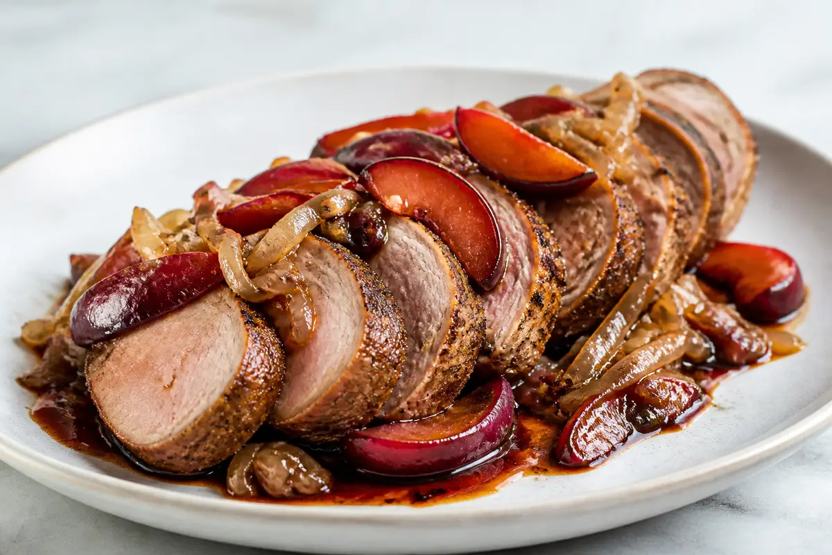 Pork Tenderloin with Caramelized Onion, Plum and Balsamic Sauce