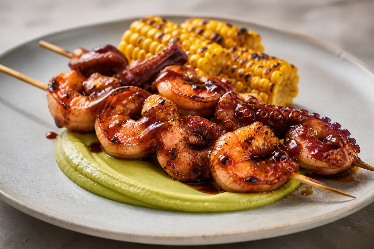 Brochetas Tibias de Camarón y Pulpo con Glaseado de Tamarindo, Maíz Dorado y Crema de Aguacate