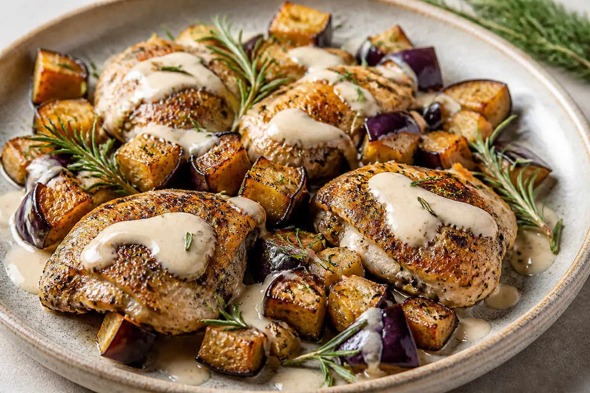 Rosemary Chicken Skillet with Golden Eggplant and Lemon Tahini Sauce